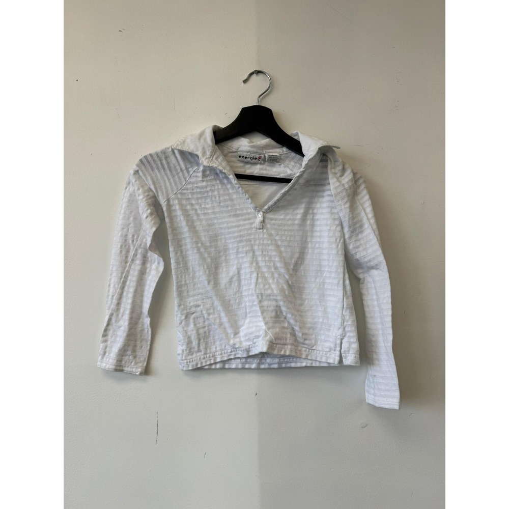 Vintage Energie Shirt Medium White Collared V-Neck Zip Long Sleeve Stripe Y2K